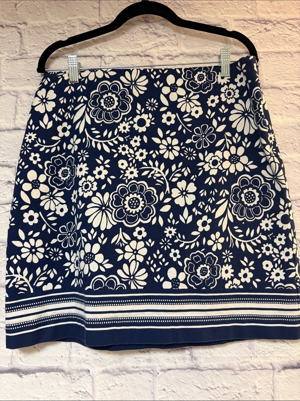 Talbots Navy and White Floral Border A-Line Skirt